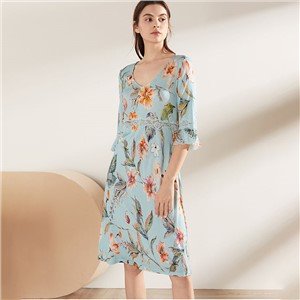 Дамски цветен печат 100% копринена сънна рокля